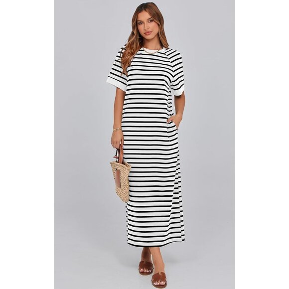 Women's Summer Cotton-Polyester Striped Maxi Dress with Pockets and Slit - Picture 3 of 8